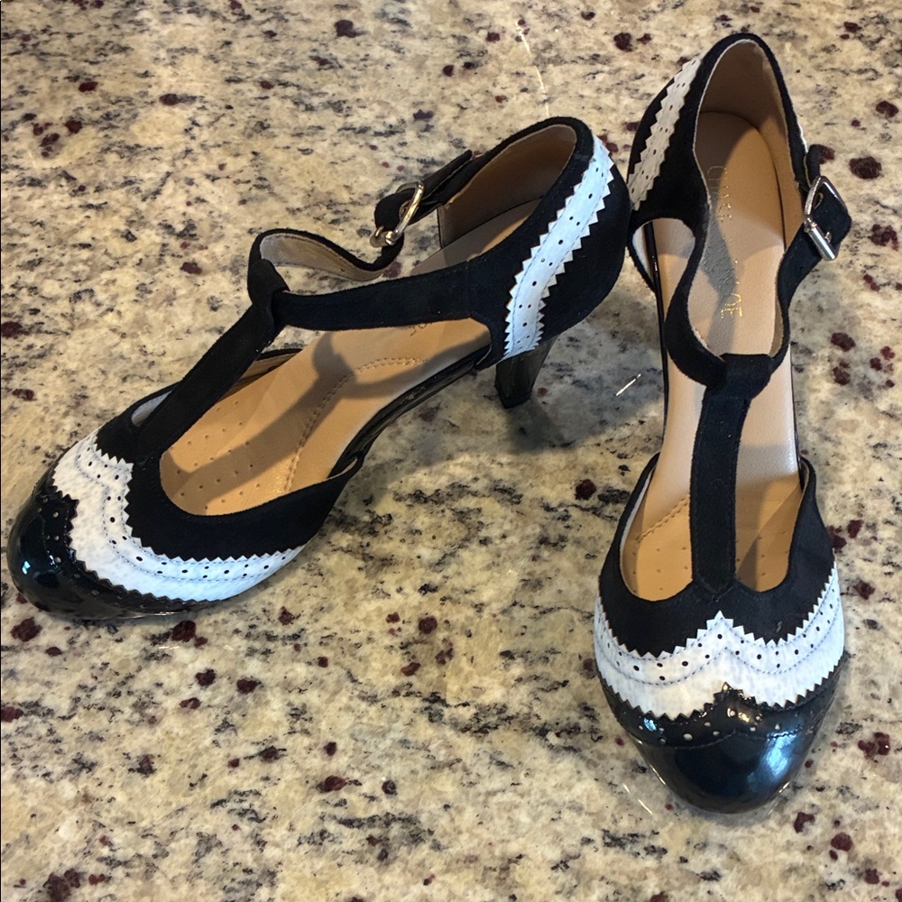 Chase + Chloe Black and White T-Strap Heels